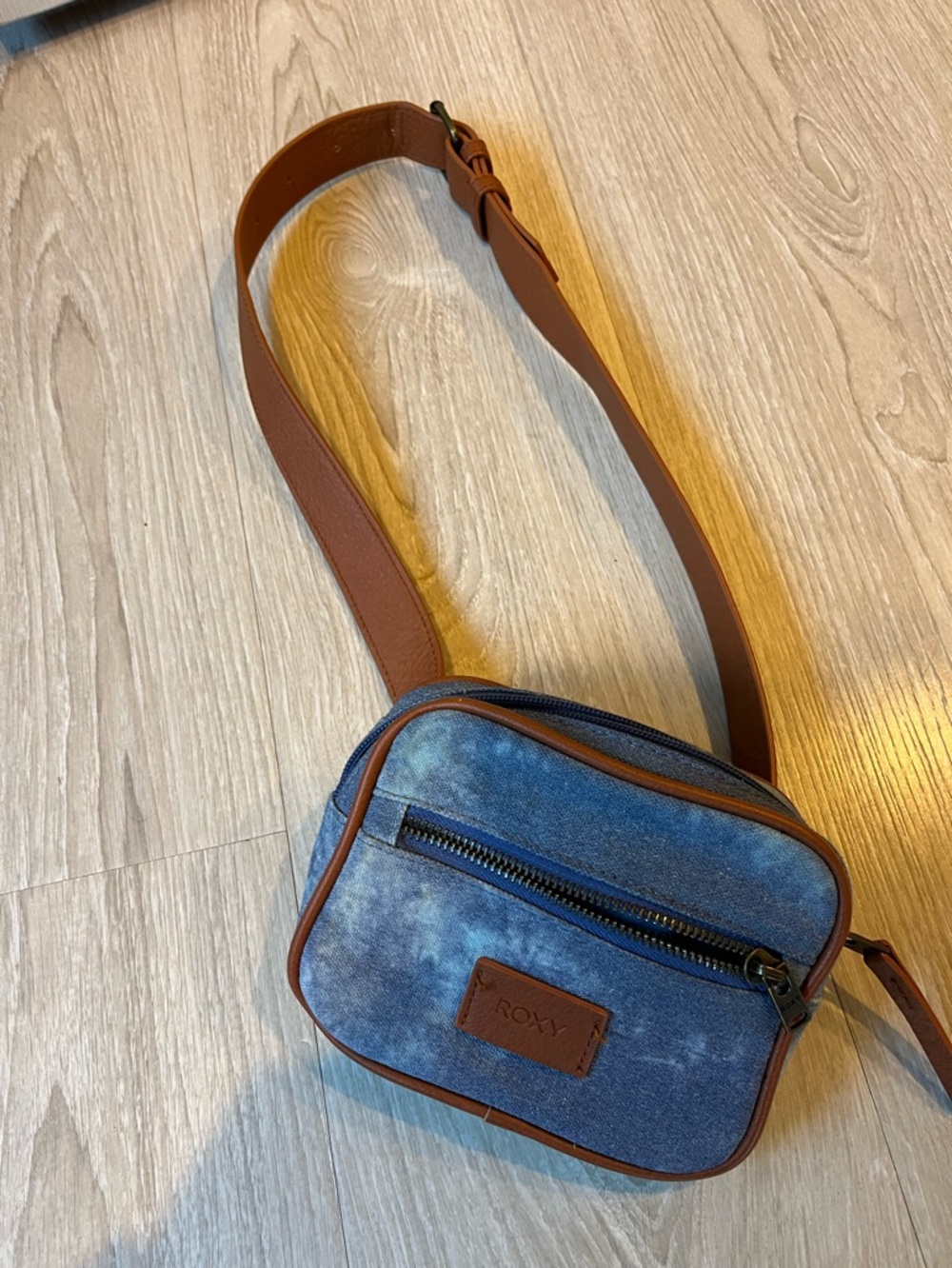 Roxy Denim Tie-Dye Belt Bag with Brown Strap